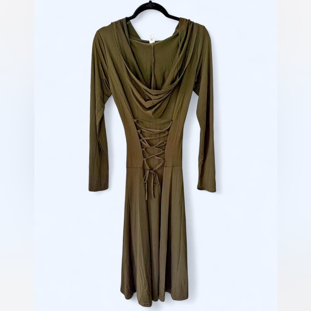 Olive green long sleeve renaissance dress with corset lace up front and back